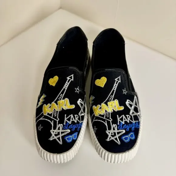 Karl Lagerfeld Paris Jazlyn Slip On Sneakers Size 8 Black Embroidered Graffiti - Picture 12 of 16